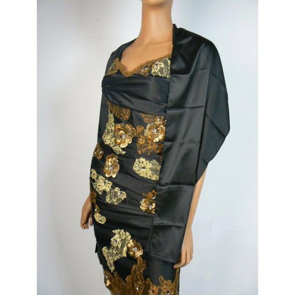 $250 Shireen Black Satin Gold Floral Lace Applique Sheath Dress S 4 6 NEW S412 - Picture 7 of 8